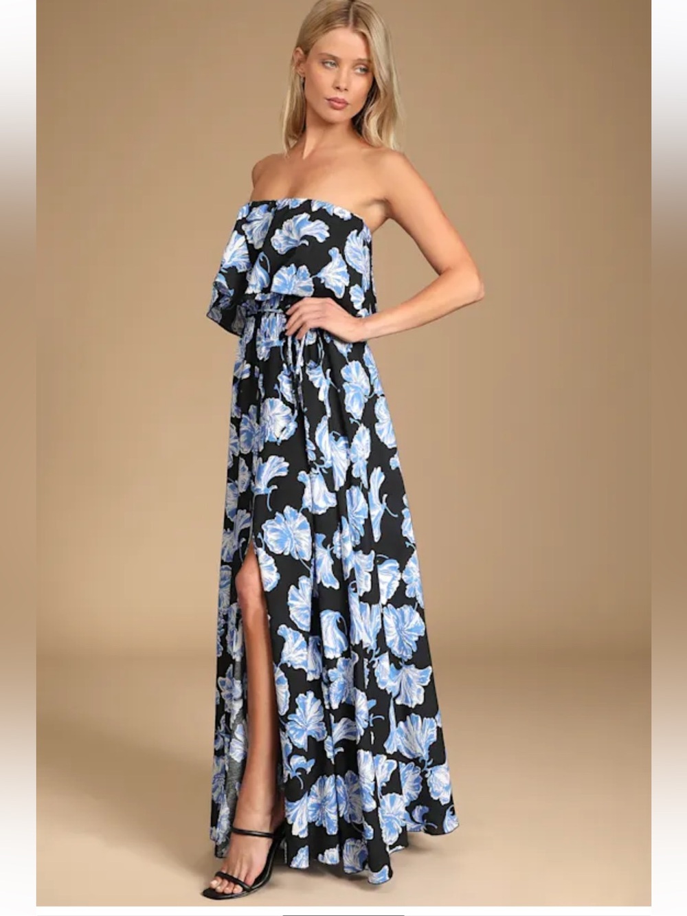 NWT Lulus Love Boldly Black Floral Print Strapless Maxi Dress - Size XS - Picture 3 of 5
